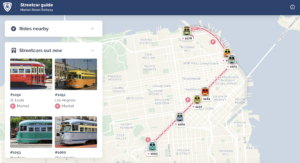 A streetcar.live map showing the position of several streetcars